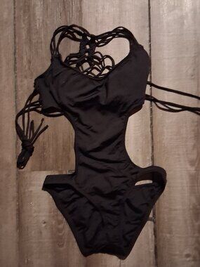Becca Black macrame strappy monokini one piece new Small
